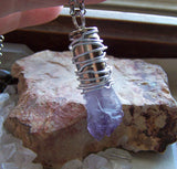 Amethyst Crystal Wire Wrapped Silver Bullet Pendant Necklace