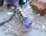 Amethyst Crystal Wire Wrapped Silver Bullet Pendant Necklace