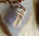 Angel Aura Iridescent Quartz Crystal Wire Wrapped Pendant Necklace