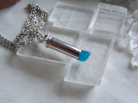 Natural Neon Blue Raw Apatite Gemstone Crystal Bullet Pendant