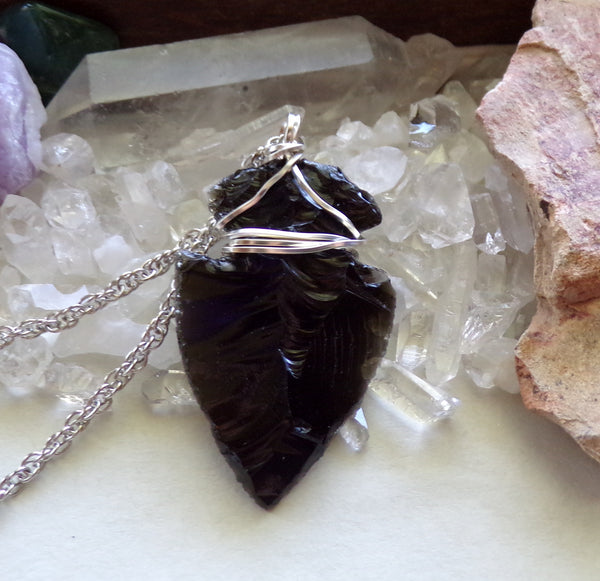 Black Obsidian Arrowhead Necklace Handcrafted Wire Wrapped 