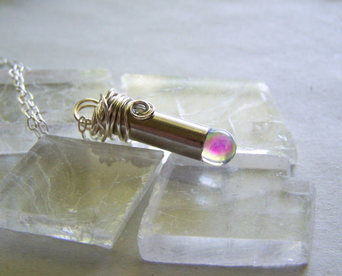 Aura Quartz Angel Teardrop Silver Bullet Pendant Necklace