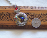 Silver Bird's Nest Cloisonne Egg Red Heart Wreath Pendant