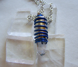 Blue Wire Wrapped Natural Quartz Crystal Bullet Pendant Necklace