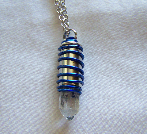 Blue Wire Wrapped Natural Quartz Crystal Bullet Pendant Necklace