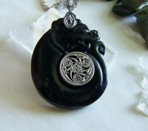 Black Jade Stone Dragon Spiral Gemstone Pendant