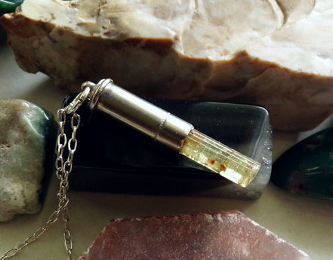 Natural Yellow Heliodor Crystal Bullet Pendant Necklace