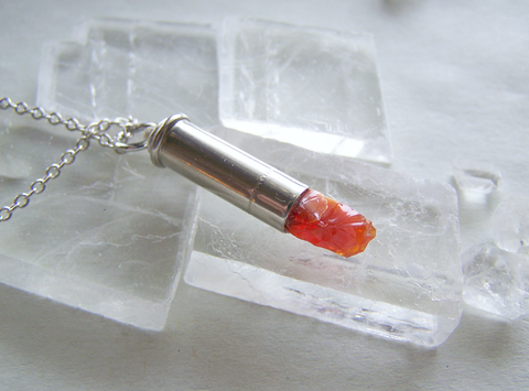 Orange Fire Opal Silver Bullet Pendant Necklace