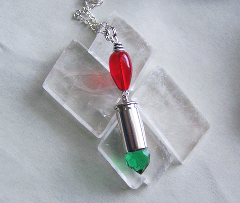 Red and Green Christmas Light Silver Bullet Pendant Necklace