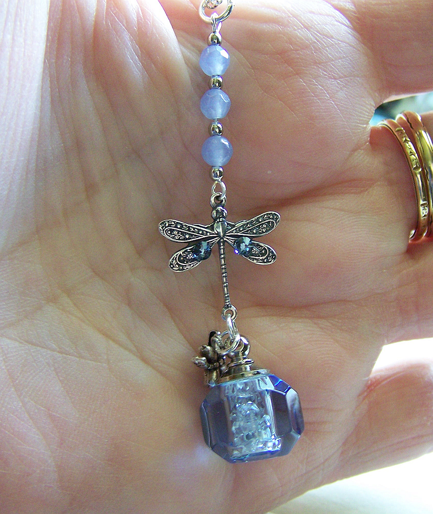 Blue Keepsake Bottle Herkimer Diamonds Dragonfly Pendant