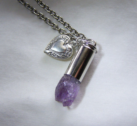 Elestial Amethyst Quartz Crystal Bullet Heart Jewelry Necklace