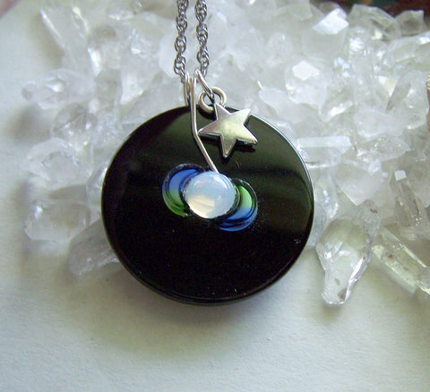 Triple Moon Opalite Black Onyx Disc Pendant Necklace
