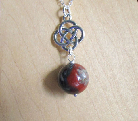 Bloodstone Crystal Ball Silver Celtic Knot Pendant Necklace