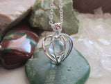 Silver Heart Cage Quartz Crystal Ball Pendant Necklace