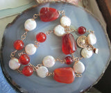 Natural Orange Carnelian and Baroque Button Pearl GF Necklace