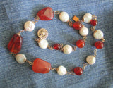 Natural Orange Carnelian and Baroque Button Pearl GF Necklace