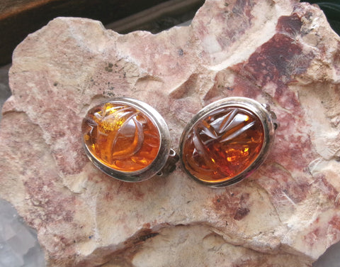 Natural Baltic Amber Sterling Silver Scarab Earrings