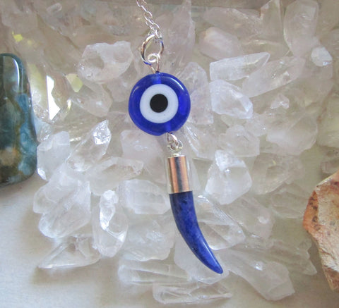 Evil Eye Blue Sodalite Gemstone Horn Pendant Necklace