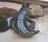 Double Sided Glass and Gunmetal Moon Locket Pendant Necklace