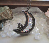 Double Sided Glass and Gunmetal Moon Locket Pendant Necklace