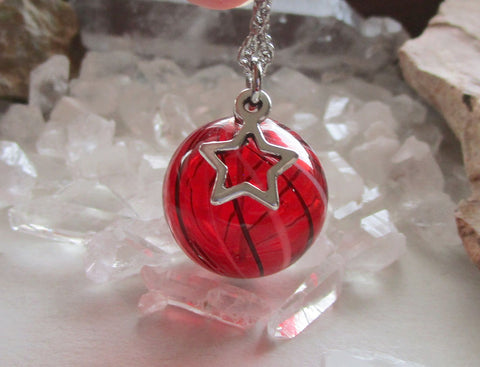 Red Striped Blown Glass Sphere Ornament Pendant Necklace
