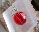 Red Striped Blown Glass Sphere Ornament Pendant Necklace