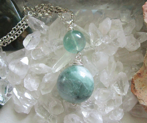 Green Fluorite Double Sphere Natural Crystal Pendant Necklace