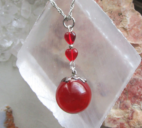 Red Crystal Ball Tiny Glass Hearts Pendant Necklace