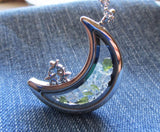 Moldavite and Herkimer Diamonds Double Sided Glass Moon Locket Necklace