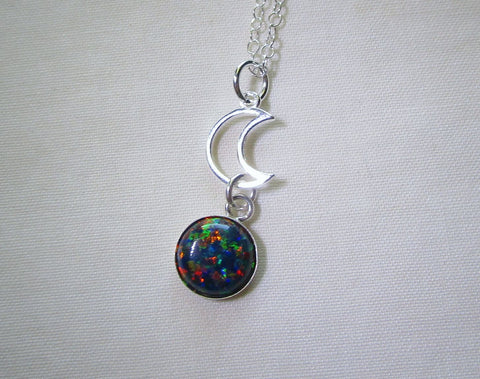 Crescent moon necklace, dainty opal moon jewelry, black moon necklace,  celestial, fire opal, black opal moon on a 14k gold filled chain
