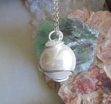 Satin White Czech Glass Pearl Wire Wrapped Pendant Necklace