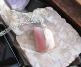 Pink Peruvian Opal Crystal Natural Gemstone Wire Wrapped Pendant Necklace