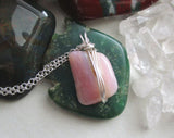 Pink Peruvian Opal Crystal Natural Gemstone Wire Wrapped Pendant Necklace