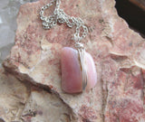 Pink Peruvian Opal Crystal Natural Gemstone Wire Wrapped Pendant Necklace