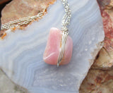 Pink Peruvian Opal Crystal Natural Gemstone Wire Wrapped Pendant Necklace