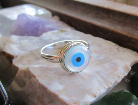 Evil Eye Mother of Pearl Sterling Silver Ring