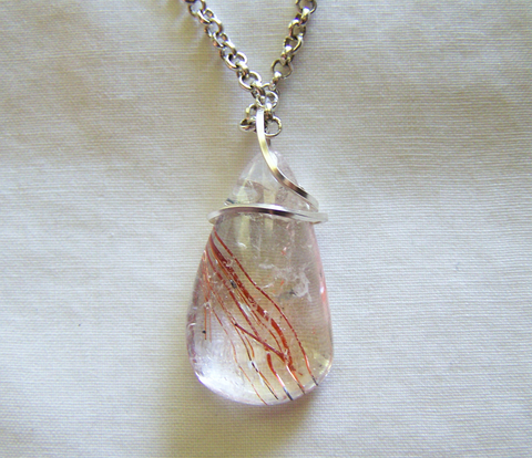 Red Rutilated Quartz Wire Wrapped Crystal Pendant Necklace