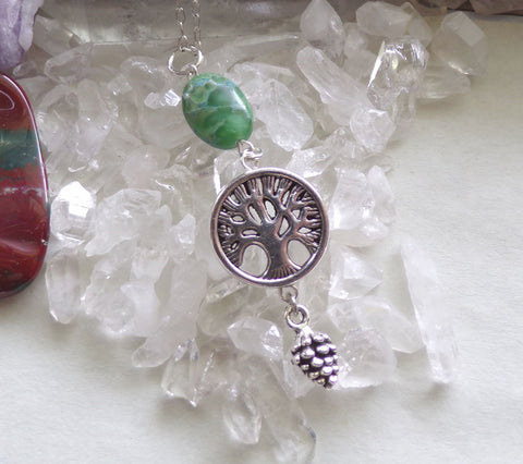 Silver Tree of Life Green Variscite Stone Pendant Necklace