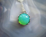 Vaseline Glass Ultraviolet Silver Floral Setting Pendant Necklace