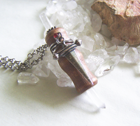 Beechwood Mini Wand Silver Dagger Quartz Crystal Pendant Necklace