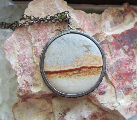Owyhee Picture Jasper Natural Stone Vintage Sterling Silver Pendant Necklace
