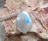 Blue Cloud Agate Gemstone Crystal Wire Wrapped Pendant Necklace