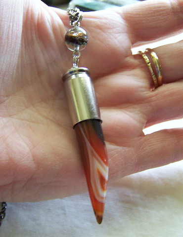 Banded Agate Horn and Lodolite Silver Bullet Jewelry Pendant