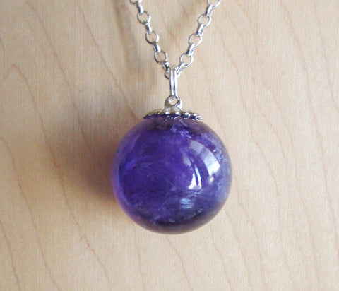 Purple Amethyst Gemstone Crystal Ball Pendant Necklace
