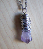 Amethyst Crystal Wire Wrapped Silver Bullet Pendant Necklace