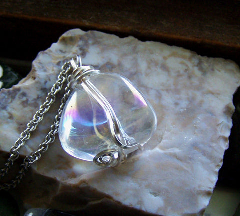 Opal Aura Iridescent Polished Quartz Crystal Wire Wrapped Pendant