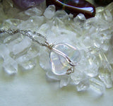 Opal Aura Iridescent Polished Quartz Crystal Wire Wrapped Pendant