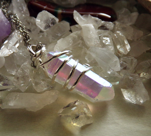 Angel Aura Iridescent Quartz Crystal Wire Wrapped Pendant Necklace – My ...