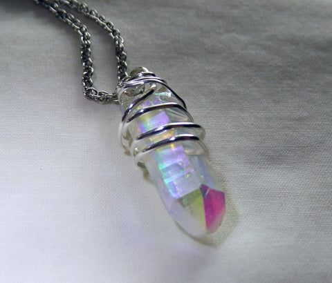 Angel Aura Iridescent Quartz Crystal Wire Wrapped Pendant Necklace