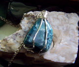 Natural Blue Apatite Crystal Wire Wrapped Pendant Necklace